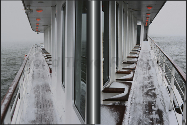The corridors outside the cruise ship. In winter, only ice and wind The corridors outside the cruise ship. In winter, only ice and wind