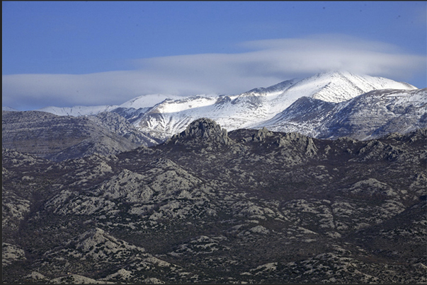 The mountains of Reklenica National Park on Velebitski Kanal, in front of the island of Pag