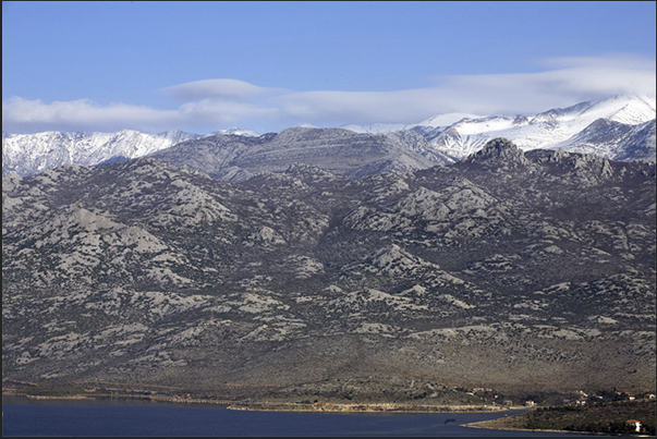 The mountains of Reklenica National Park on Velebitski Kanal, in front of the island of Pag