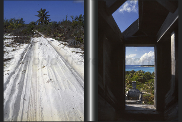 The road to reach the southern tip of the island. To the right, the ruins of an ancient lighthouse The road to reach the southern tip of the island. To the right, the ruins of an ancient lighthouse