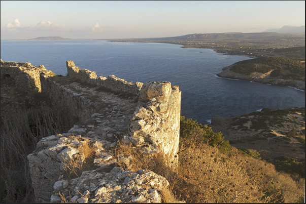 Panorama from the ruins of the Navarino Castle and, on the horizon, the island of Proti in front of the harbour of Marathopoli Panorama from the ruins of the Navarino Castle and, on the horizon, the island of Proti in front of the harbour of Marathopoli