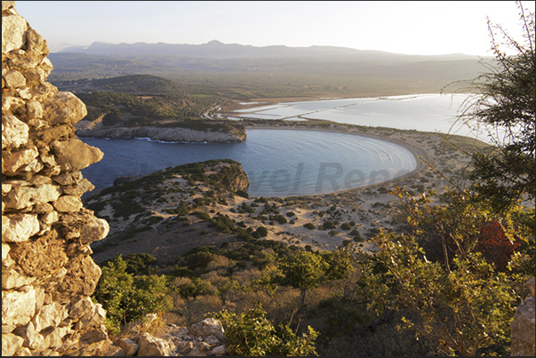 The entrance from the sea to Bay of Voidhokilia (left) and behind, the pond of Ghialova seen from the ruins of Navarino Castle