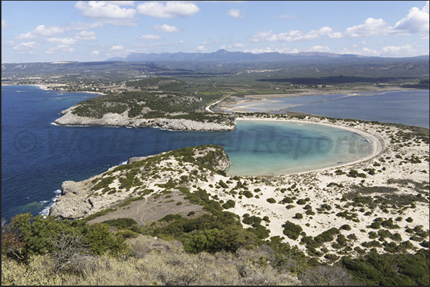 The view of Voidhokilia Bay separated by a strip of sand dunes from the pond to Ghialova