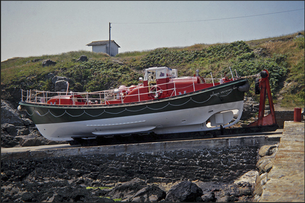 The historic rescue boat Francois Morin, placed on the rails ready to intervene to rescue the seilers at the mercy of storms The historic rescue boat Francois Morin, placed on the rails ready to intervene to rescue the seilers at the mercy of storms