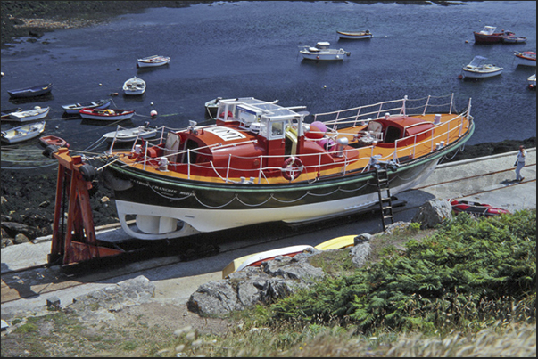 The historic rescue boat Francois Morin, placed on the rails ready to intervene to rescue the seilers at the mercy of storms