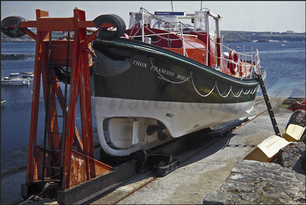 The historic rescue boat Francois Morin, placed on the rails ready to intervene to rescue the seilers at the mercy of storms The historic rescue boat Francois Morin, placed on the rails ready to intervene to rescue the seilers at the mercy of storms