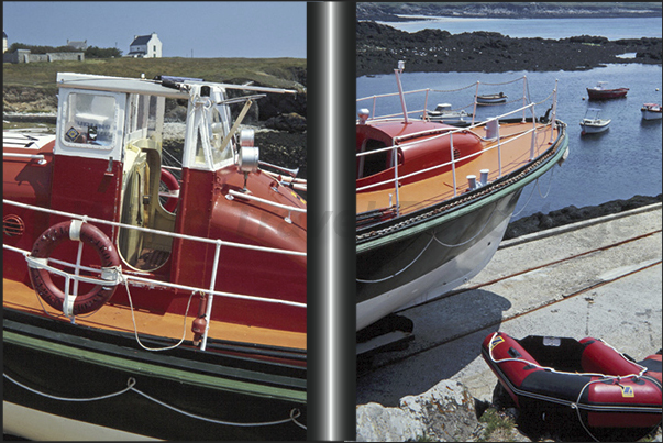 The historic rescue boat Francois Morin, placed on the rails ready to intervene to rescue the seilers at the mercy of storms The historic rescue boat Francois Morin, placed on the rails ready to intervene to rescue the seilers at the mercy of storms