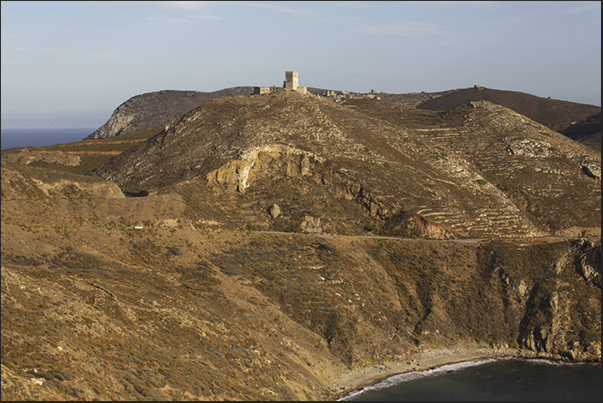 The peninsula of Cape Tenaro. Below, Marmari Bay