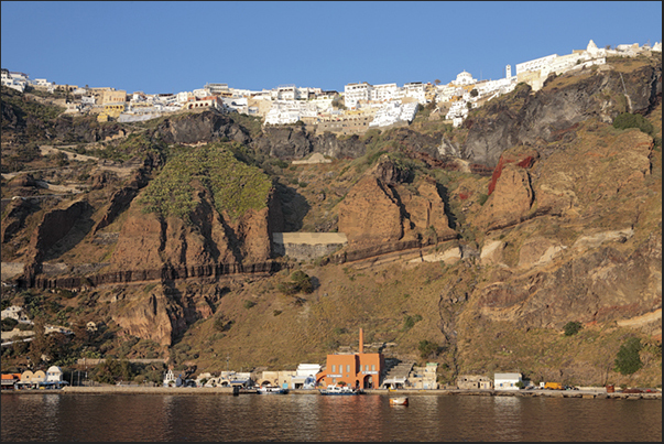 The old port of Santorini (below) and the town of Thira (top) on the edge of the ancient volcano The old port of Santorini (below) and the town of Thira (top) on the edge of the ancient volcano