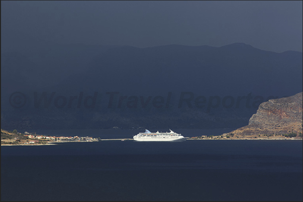 Cruise ship in front of the Monemvasia Island Cruise ship in front of the Monemvasia Island