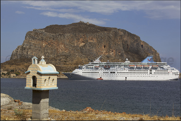 Cruise ship in front of the Monemvasia Island Cruise ship in front of the Monemvasia Island