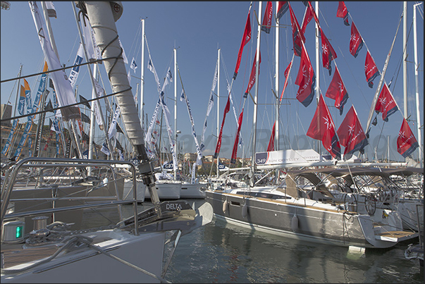 120 sailboats exposed along the pier of the Old Port, under the hill of the Suquet 120 sailboats exposed along the pier of the Old Port, under the hill of the Suquet