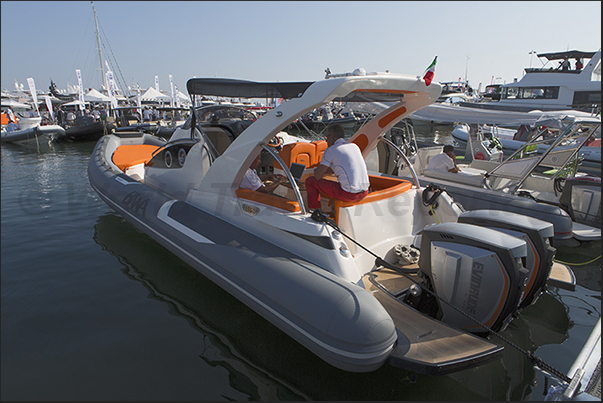 94 rubber boats (RIB) on display in the Old Port of Cannes