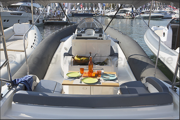 94 rubber boats (RIB) on display in the Old Port of Cannes