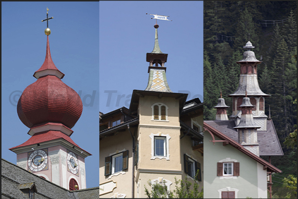 The architecture of towers in Ortisei town The architecture of towers in Ortisei town