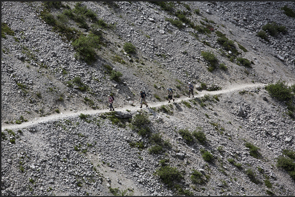 Walk on the path that leads to the base of Mount Sassolungo