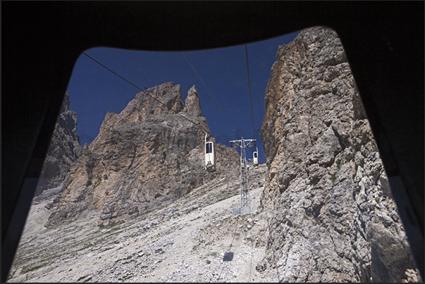 Ascent by cable car from Passo Sella to refuge Demetz Ascent by cable car from Passo Sella to refuge Demetz