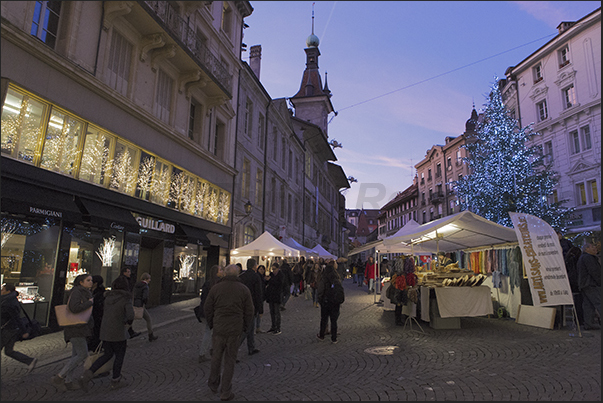 Stands of the Christmas market on the Place de la Palud Stands of the Christmas market on the Place de la Palud