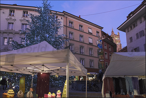 Stands of the Christmas market on the Place de la Palud