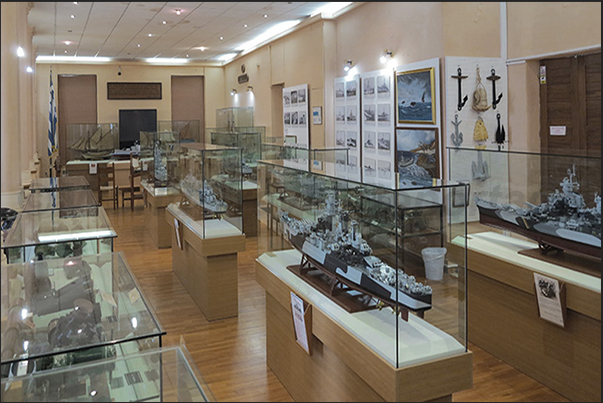 Naval Museum of Chania. Exhibition hall with ships models of World War II Naval Museum of Chania. Exhibition hall with ships models of World War II