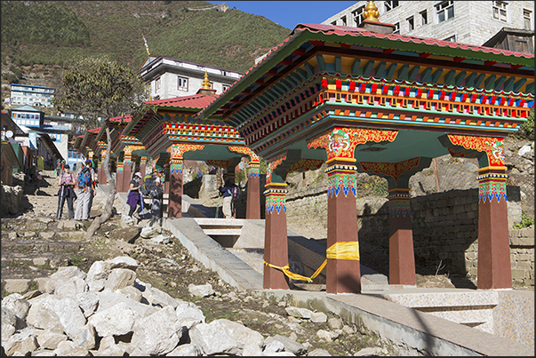 The walk along the waterfall at the entrance to Namche Bazaar