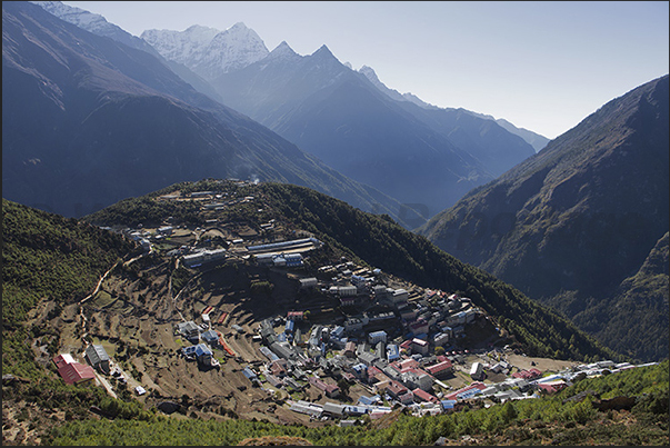 Namche Bazaar and the Bhote Koshi Nade river valley towards Lukla Namche Bazaar and the Bhote Koshi Nade river valley towards Lukla