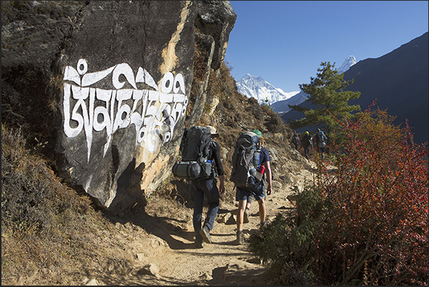 Prayers engraved in stone on the path to Tengboche Prayers engraved in stone on the path to Tengboche