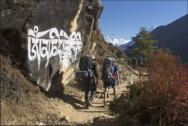 Prayers engraved in stone on the path to Tengboche