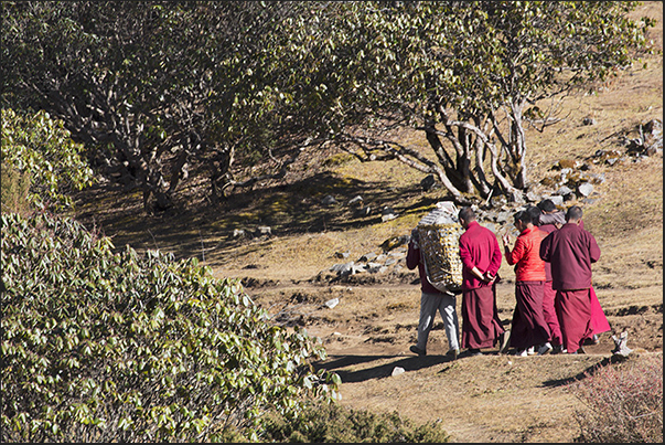 Monks leave the monastery of Tengboche to go down into the valley towards the village of Pangboche Monks leave the monastery of Tengboche to go down into the valley towards the village of Pangboche
