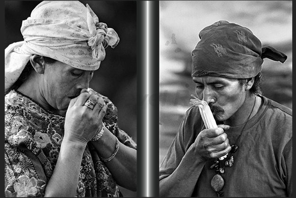 Left: Nueves Selles, portrait of a priestess. Right: Iximché, near Tecpán. A priest Maya kisses candles before using them