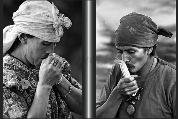 Left: Nueves Selles, portrait of a priestess. Right: Iximché, near Tecpán. A priest Maya kisses candles before using them Left: Nueves Selles, portrait of a priestess. Right: Iximché, near Tecpán. A priest Maya kisses candles before using them