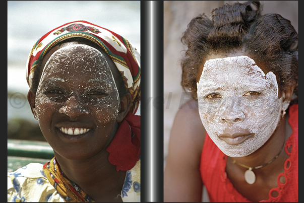 Portrait of women with the Musiro mask, obtained from the plant of the same name and used to protect yourself from the sun Portrait of women with the Musiro mask, obtained from the plant of the same name and used to protect yourself from the sun