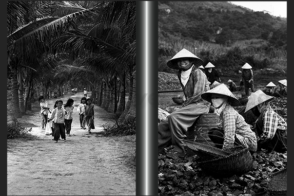 A group of children along the way to the village of Cam Pha where mothers are collecting the coal mined from the mine