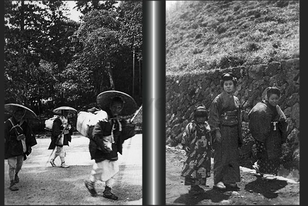 Japan. Pilgrims near lake Biwa (left). Along the road of Hakone village Japan. Pilgrims near lake Biwa (left). Along the road of Hakone village