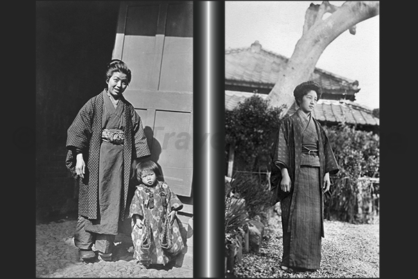 Japan. Yokohama. A woman, child and a young girl in typical dresses Japan. Yokohama. A woman, child and a young girl in typical dresses