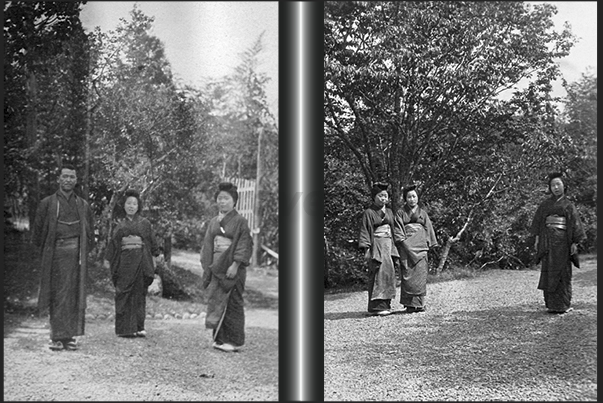 Japan. A family in the garden of Yamada town