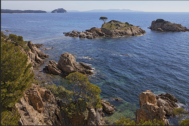 Before Brégançon Bay, the trail rises on the rocky cliffs. On the horizon, the islands of Port Cros and du Levant