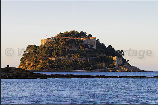 Brégançon Fortress, the summer residence of the President of French Republic connected to the coast by a sand isthmus