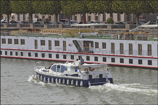Chalon sur Saône. The river area with mooring area of the river cruise boats