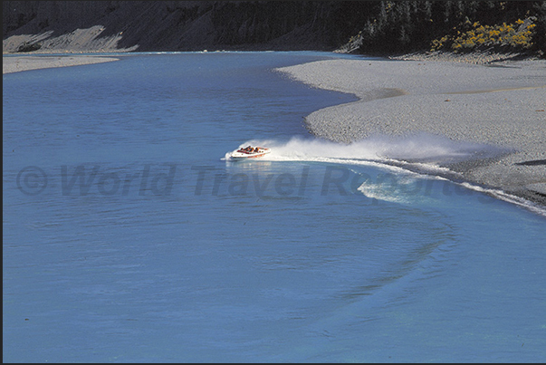 Jet Boat in the gorge on the blue waters of Rakaia River