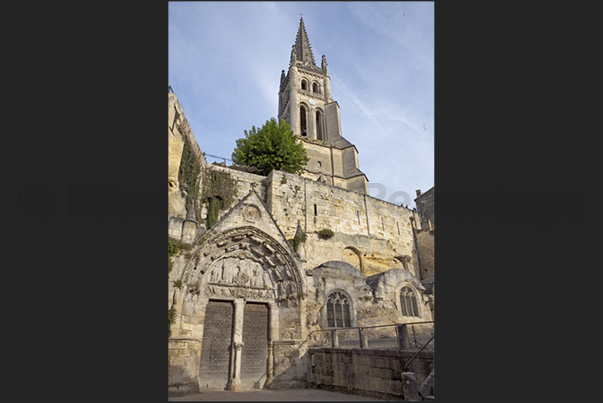 Village of Saint Emilion. The monolithic church (XII century) built by digging the tuff rock