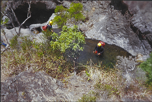 Canyoning in the Cirque de Cilaos park area, central area of the island