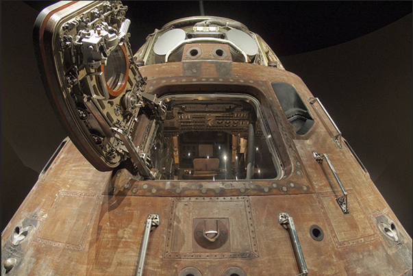 Cape Kennedy Space Center. The Apollo spacecraft with the signs of external burns sustained during the return on the earth