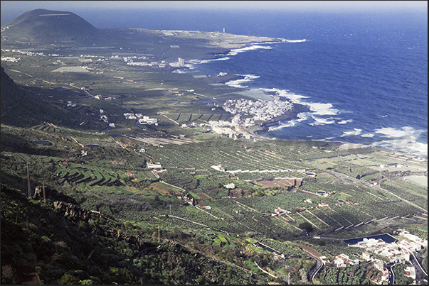Ancient lava flows form the cliffs around the island sheltering from the winds, banana plantations, the main product of Tenerife