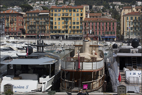Port Lympia, the old port of Nice. Ancient buildings overlook the eastern side of the Quai des Docks