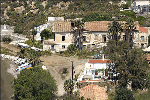 Megalo Livadi,. The abandoned building once housed the offices of the mining company