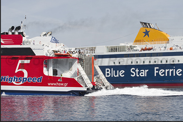 Crowding of ferries at the port of Paros island