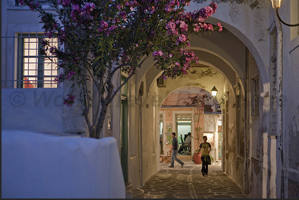 The historic center of Parikia is a maze of alleys with stone-paved streets