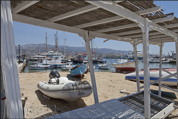 The fishing port of Antiparos with the island of Paros on the horizon