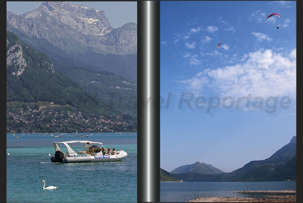The town of Talloires on the east coast of the lake of Annecy (left) and parasailing on the lake (right)